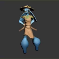 Blue Cartoon Character Wearing Straw Hat And Orange Dress In 3D Design