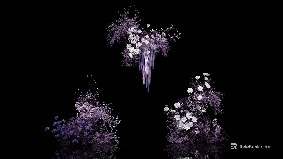 Elegant Flower Vase With Purple And White Blooms On Black Background With Reflections 3d model 