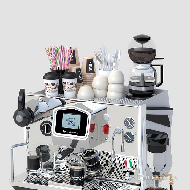Modern Coffee Maker With Colorful Straws Coffee Cups Utensils And Glass Pot On Kitchen Counter 3d model 