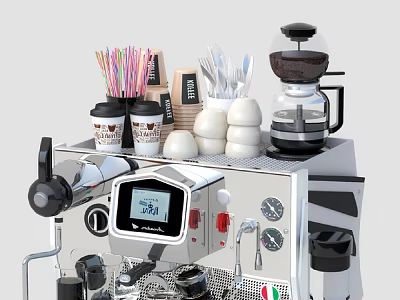 Modern Coffee Maker With Colorful Straws Coffee Cups Utensils And Glass Pot On Kitchen Counter 3d model