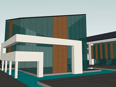 Modern Commercial Complex Exterior With Glass Curtain Wall Wooden Accents And White Structural Elements 3d model