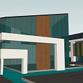 Modern Commercial Complex Exterior With Glass Curtain Wall Wooden Accents And White Structural Elements
