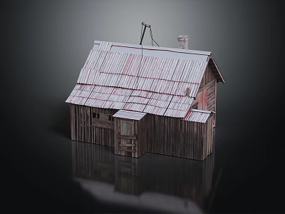 Rustic Wooden House With Metal Roof Chimney Small Windows And Wooden Porch 3d model