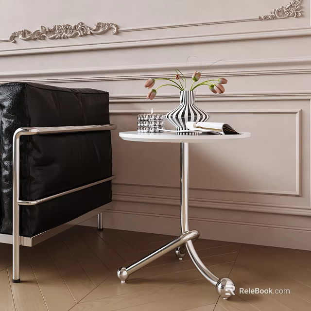 Modern Side Table with Black Chair Vase Flowers on Light Colored Wall Wooden Floor 3d model 