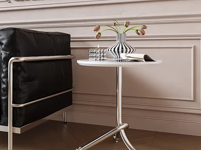 Modern Side Table with Black Chair Vase Flowers on Light Colored Wall Wooden Floor 3d model