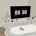 White Modern TV Stand With TV Decorative Items Clock Green Plant On Rug Near Blinds