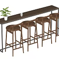 Modern Bar Counter With Wooden Top Metal Frame And Woven Seat Stools Plus Potted Plant