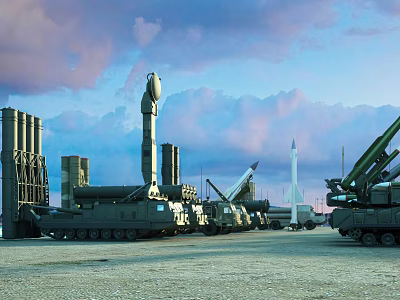 Military Tank With Missile Launchers And Rockets In Open Field Under Cloudy Sky 3d model