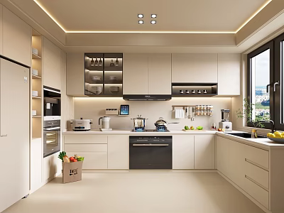 Modern Minimalist Kitchen Interior With White Cabinets Built In Appliances Countertop And Window 3d model