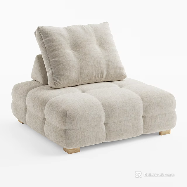 Beige Single Sofa With Linen Fabric Modular Cube Design Plush Cushions And Wooden Legs 3d model 