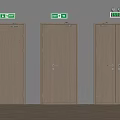 Wooden Swing Doors With Light Brown Finish Door Handles And Exit Signs On Gray Walls