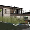 Modern Style Homestay Building With Large Glass Windows Black Roof Gray Wall And Green Lawn