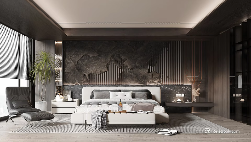 Modern Bedroom Interior With Stone Accent Wall White Bed And Wooden Decor 3d model 
