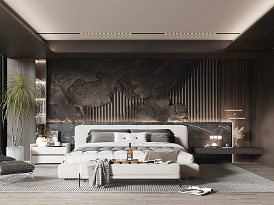 Modern Bedroom Interior With Stone Accent Wall White Bed And Wooden Decor 3d model