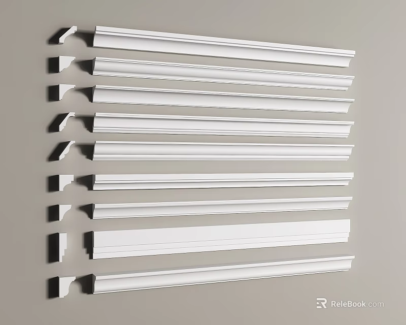 Different Styles Of White Crown Molding Displayed In A Row 3d model 