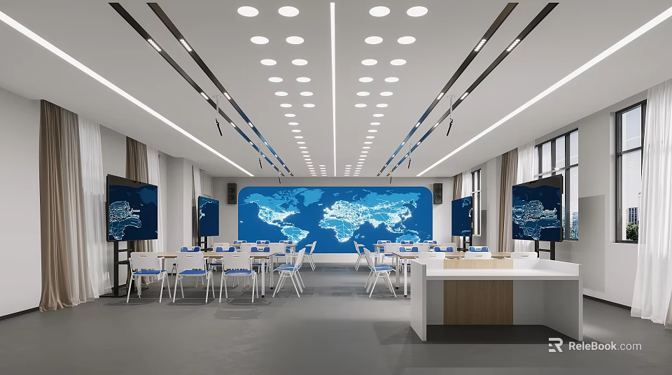 School Smart Classroom With World Map Digital Screens Desks Chairs 3d model 