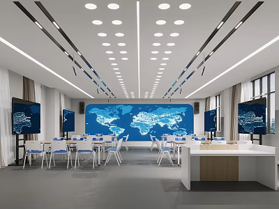 School Smart Classroom With World Map Digital Screens Desks Chairs 3d model