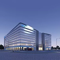 Modern Multi Story Office Building With Glass Curtain Walls Surrounding Trees And Urban Backdrop