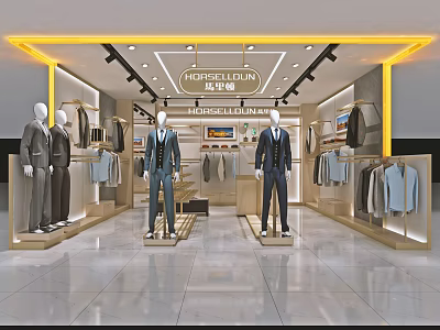Elegant Modern Clothing Store Interior With Mannequins Displaying Suits And Shirts 3d model