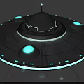 Disc Shaped Flying Saucer with Black Dome Glowing Circular Bases and Blue Lights