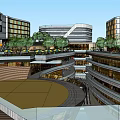 Modern Urban Commercial Complex With Glass Curtain Walls Multiple Buildings And Trees