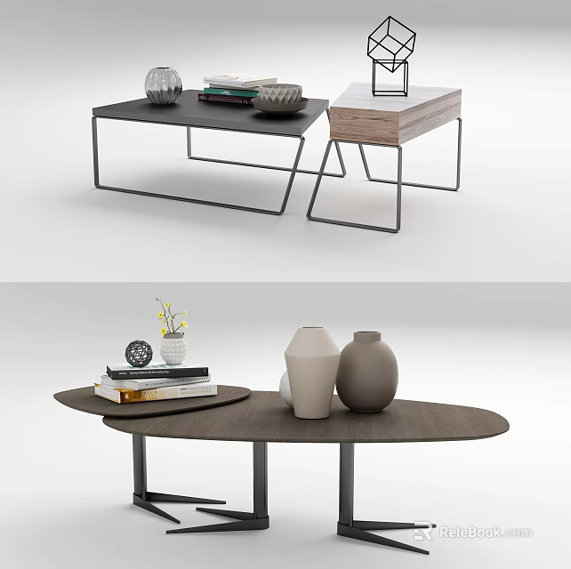 Oval And Rectangular Modern Coffee Tables With Wooden Tops And Decorative Items 3d model