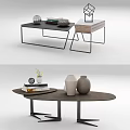 Oval And Rectangular Modern Coffee Tables With Wooden Tops And Decorative Items 3d model