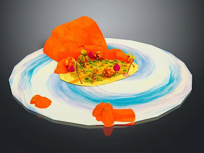 Orange Handcrafted Sculpture On Round Base With Blue White Wavy Patterns And Small Orange Fragments 3d model