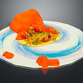 Orange Handcrafted Sculpture On Round Base With Blue White Wavy Patterns And Small Orange Fragments