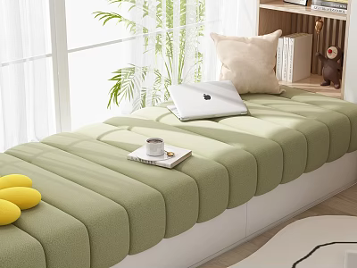 Sunlit Bay Window With Green Cushion Laptop Book Coffee Cup Yellow Bananas And Green Plant 3d model