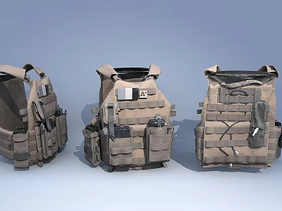 Three Khaki Tactical Vests With Multiple Pockets Military Utility Gear Design 3d model