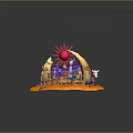 Vibrant Cartoon Scene With Red Sun Tent Characters Animals And Colorful Decorations