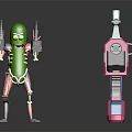 Green Pickle Character and Robot Figure with Mechanical Arms Standing on Reflective Surface