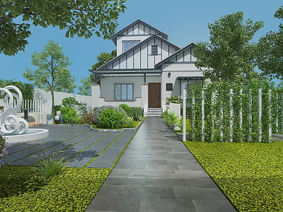Detached Villa Exterior With Landscaped Garden Stone Pathway Greenery And Trees 3d model