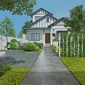 Detached Villa Exterior With Landscaped Garden Stone Pathway Greenery And Trees