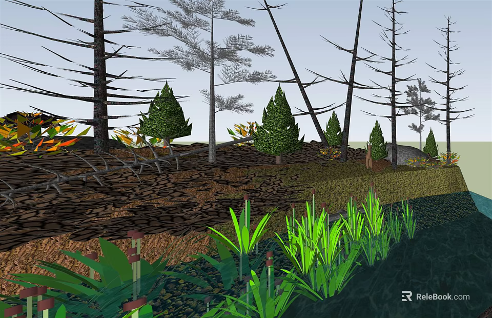 Cartoon Forest Scene With Tall Leaning Trees Small Pines Green Grass And Ferns 3d model 