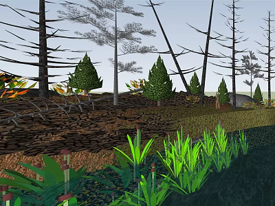 Cartoon Forest Scene With Tall Leaning Trees Small Pines Green Grass And Ferns 3d model