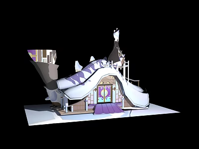 Cartoon Scene Of Fairy Tale House With Spires Decorative Roof And Purple Door 3d model