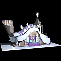 Cartoon Scene Of Fairy Tale House With Spires Decorative Roof And Purple Door