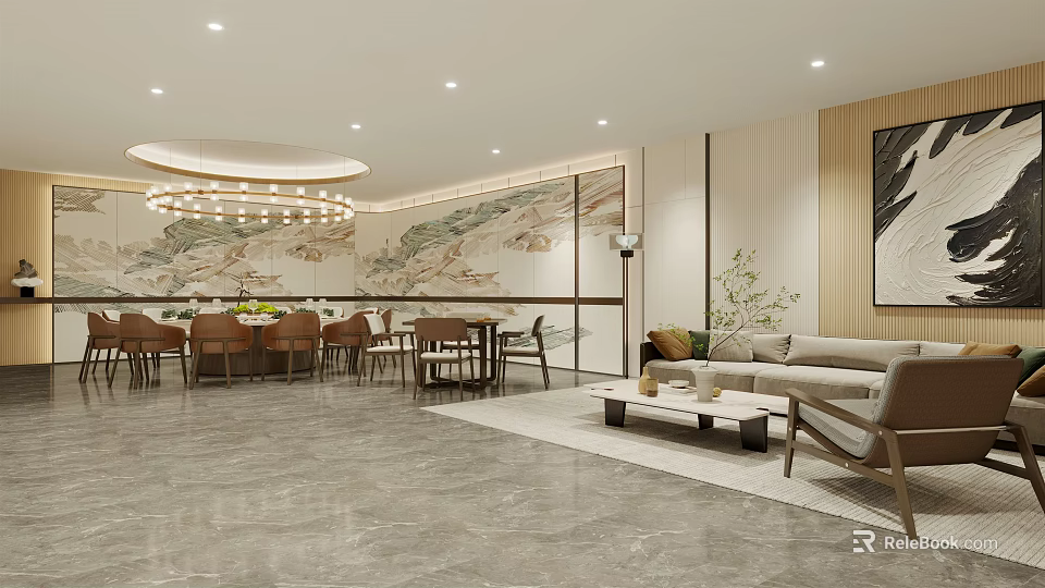 Luxury Modern Private Room Interior Design With Dining Table Sofa And Chandelier 3d model