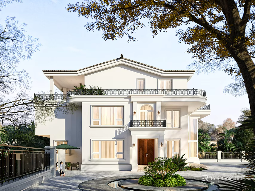 Elegant Single Family Villa With White Exterior Balcony And Garden 3d model 