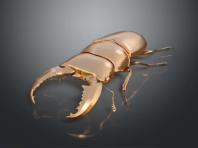 Detailed Golden Metallic Beetle Sculpture With Large Pincers On Dark Surface 3d model