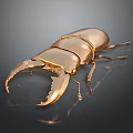 Detailed Golden Metallic Beetle Sculpture With Large Pincers On Dark Surface