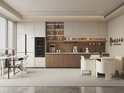 Modern Pantry Interior Design With Cabinets Refrigerator Tables And Chairs 3d model