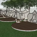 Garden Landscape with White Tent Structures Wooden Deck Green Grass Trees and Outdoor Chairs