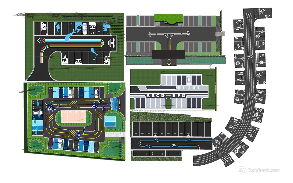 Parking Lot Layout Design With Different Plans Traffic Lanes Parking Spaces And Directional Arrows 3d model 