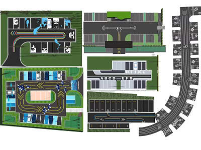 Parking Lot Layout Design With Different Plans Traffic Lanes Parking Spaces And Directional Arrows 3d model