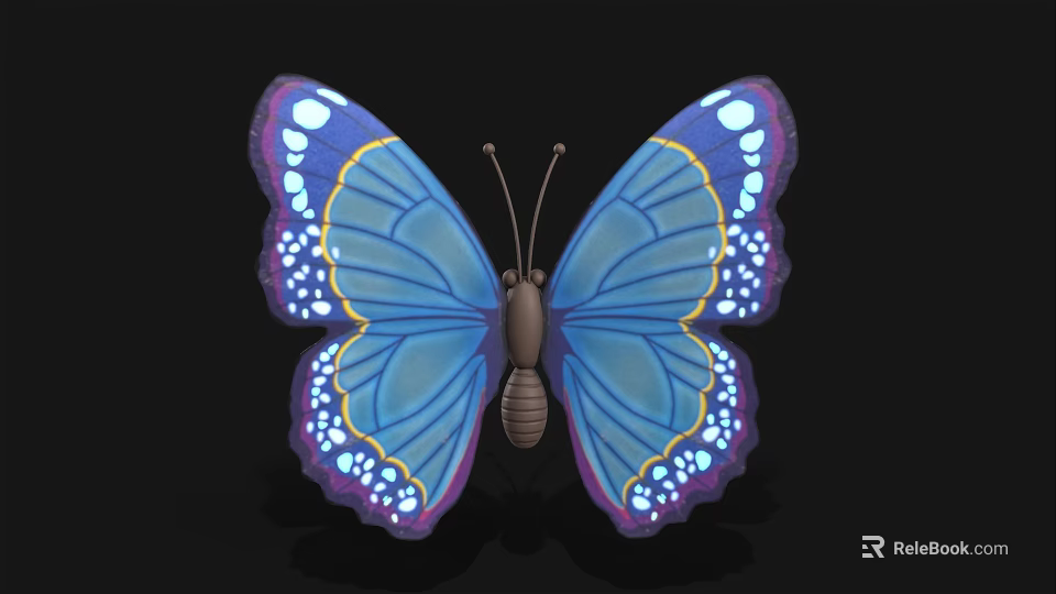 Vibrant Blue Butterfly With Purple Spots White Dots And Yellow Wing Edges On Black Background 3d model 
