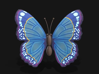 Vibrant Blue Butterfly With Purple Spots White Dots And Yellow Wing Edges On Black Background 3d model