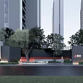 Modern Residential Entrance Gate With High Rise Buildings Trees And Lawn Landscaping